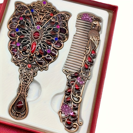 Vintage Peacock Hair Comb and Mirror Set 2 Pcs – Fine-Tooth Stainless Steel Decorative Butterfly Flower Portable Handheld Mirror for Hair Care, Travel, Makeup & Gift for Women