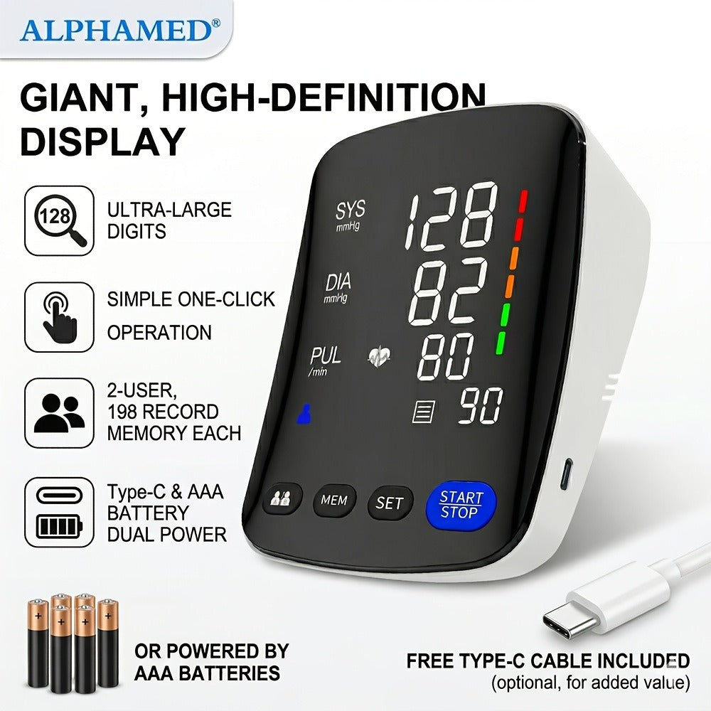 Upper Arm Blood Pressure Monitor – Automatic Digital BP Machine, Large LED Display, 2-User 198 Memory, Adjustable Cuff 8.7-17in, One-Touch, Type-C, Home Use