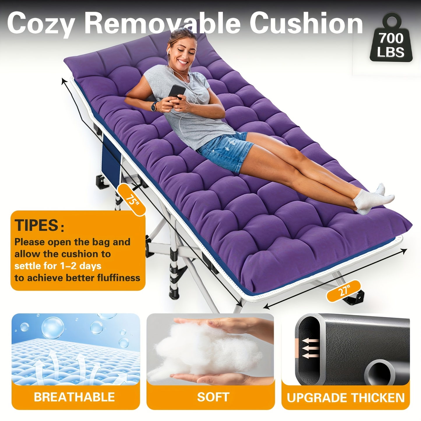 Folding Camping Cot with Mattress 75"-79" | Portable Sleeping Cot for Adults Kids & Teens | Home Office Beach Garden Fishing | Max Load 700-900 lbs