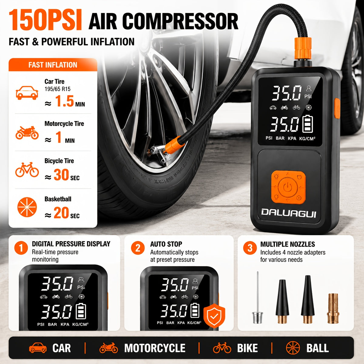 DALUAGUI 10000A 17-In-1 Portable Jump Starter with Air Compressor, Car Jump Starter, Multi-Function Power Pack with Tire Inflator, LED Light & Power Bank, for 12V Vehicles (All Gas And Diesel Engines), Cars, Trucks, Suvs, Rvs, And Motorcycles