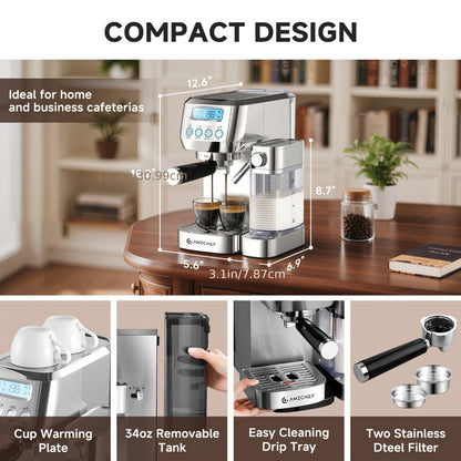 Espresso Machine 20 Bar with Automatic Milk Frother – Dual Boiler Coffee Maker, Touch Control, Cappuccino & Latte Machine with Dual Wall Filters, Includes Milk Frother, Easy to Use for Home & Gifts