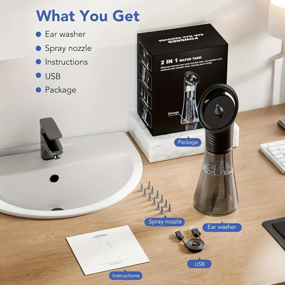 Ear Wax Removal Kit Electric Hydraulic Pro – 3-Speed Water Flushing Ear Cleaner with Temp Sensor, Visual Waste Tank, USB Rechargeable, Nozzle Belt, Medical-Grade Safe Home Ear Care System
