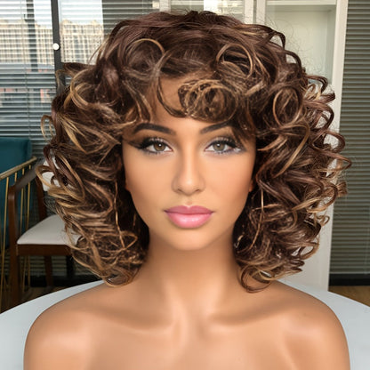 Short Curly Wig with Bangs for Women 14 Inch Jerry Curl Synthetic 13x1 Lace Front — Heat Resistant, Daily Wear Cosplay, Dark Brown Copper Red Dark Wine