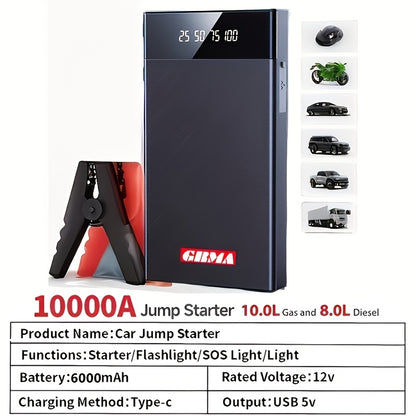 Portable Car Jump Starter 12V – Peak Power Battery Booster Pack for 8.0L Gas & Diesel Engines, USB Charging & LED Emergency Light, Roadside Car Starter Kit