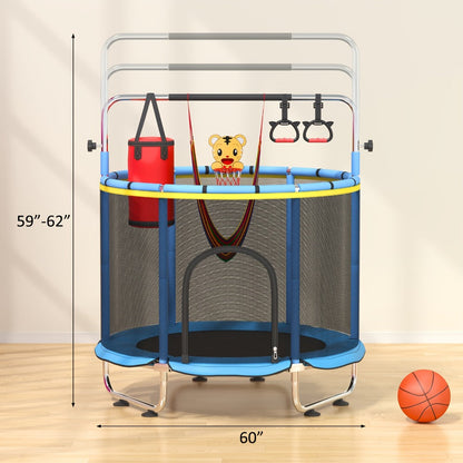 Kids Trampoline with Enclosure and Gymnastics Bar – 60" Height Adjustable Safety Net Trampoline for Toddlers Ages 3+, Indoor Outdoor Active Play with Toys Included | Best Birthday Gift