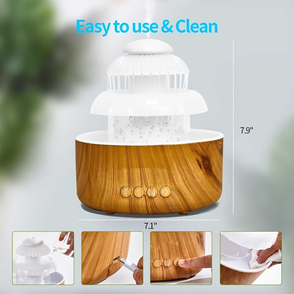 Cool Mist Humidifier with Raining Sound & 8-Color Night Light – 10-Hour Runtime, Essential Oil Diffuser, Air Humidifier for Bedroom, Home & Office, White Noise Sleep Aid, Ambient Mood Light, White