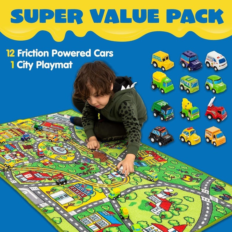 Kids City Playmat with 12 Cars - Jumbo city play rug with 12 pull-back cars