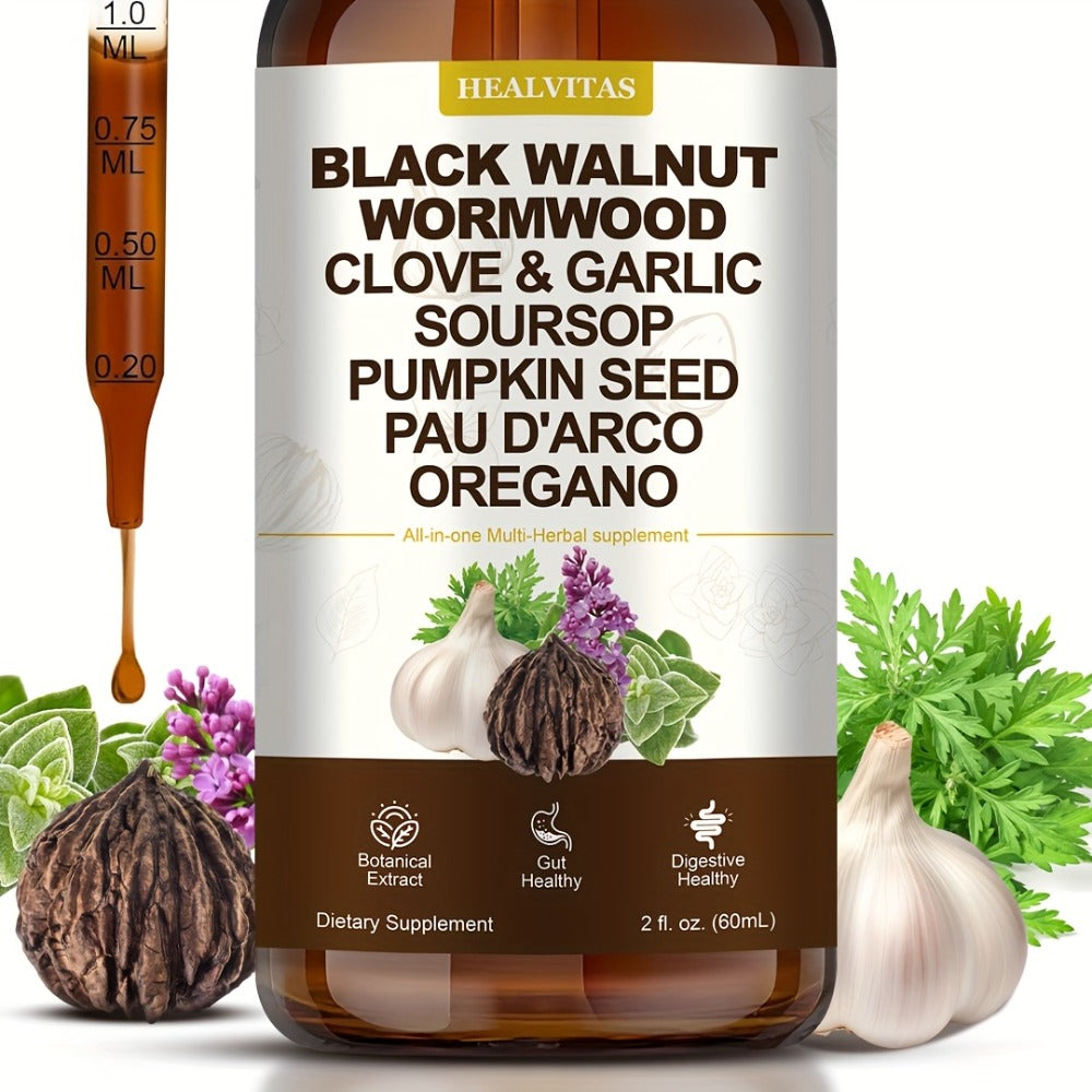 Gut Cleanse Herbal Tincture with Black Walnut Wormwood Berberine Soursop Oregano Garlic — Alcohol-Free Colon Detox Drops for Digestive Health | 2 fl oz Liquid Supplement