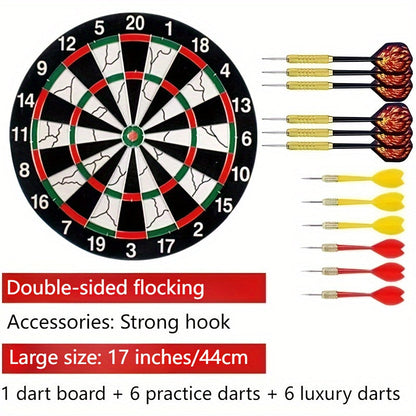 Double-Sided Flocking Dartboard Set 17 Inch | Solid Alloy Frame with 6 Practice Darts & 6 Luxury Darts | Thick Dart Target Board for Family Entertainment Casual Games Office Decompression