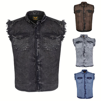 Men's Sleeveless Shirt – Fringe Hem Crew Neck Tank Top, Stonewash Cotton, Regular Fit for Streetwear, Beach & Vacation, Sizes M–XXXXL