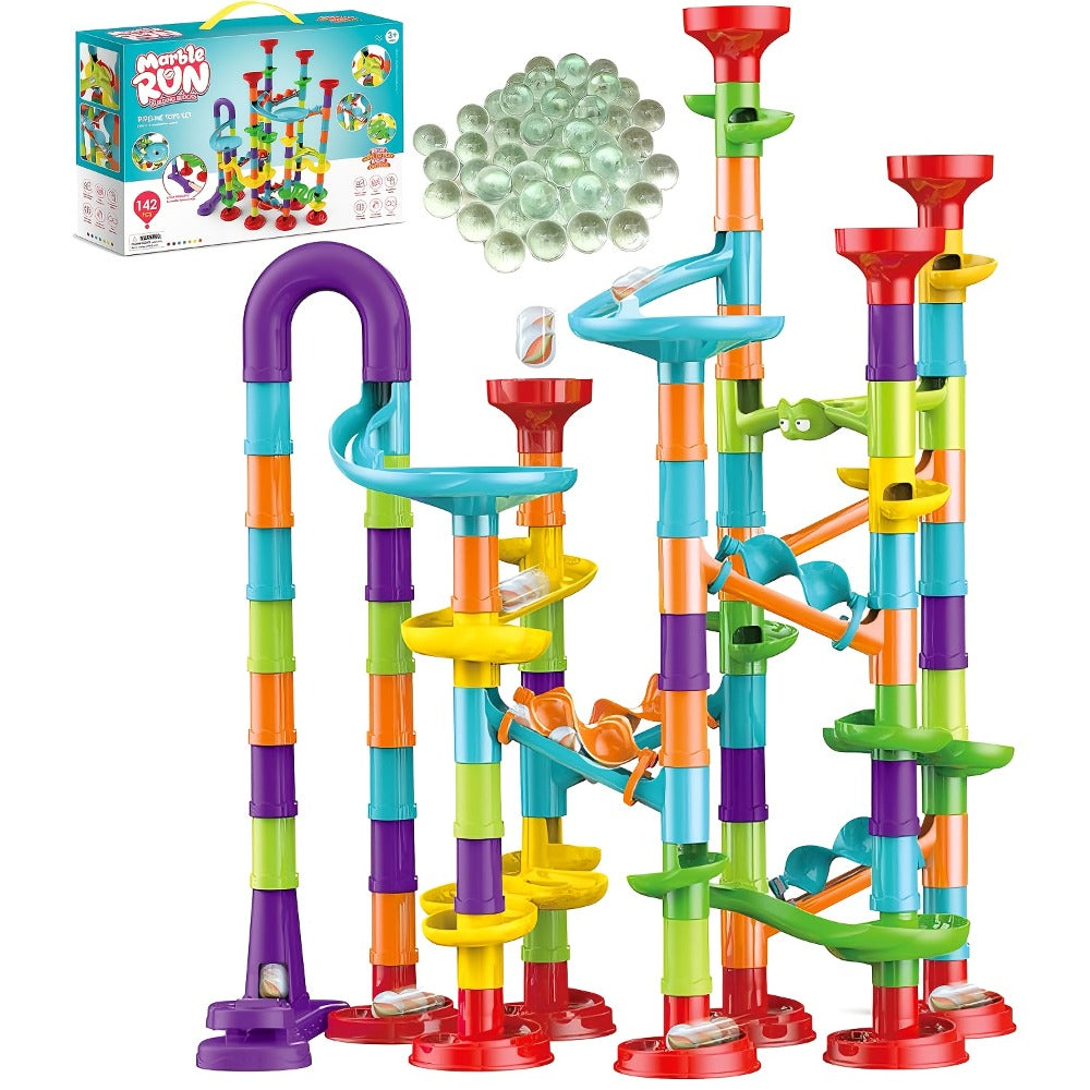 Marble Run Set Building Blocks for Kids 112/147pcs with Glass Marbles – STEM Marble Race Track Construction Toy Logic Hand-Eye Coordination Learning Game, Best Birthday Gift for Boys & Girls Ages 4+