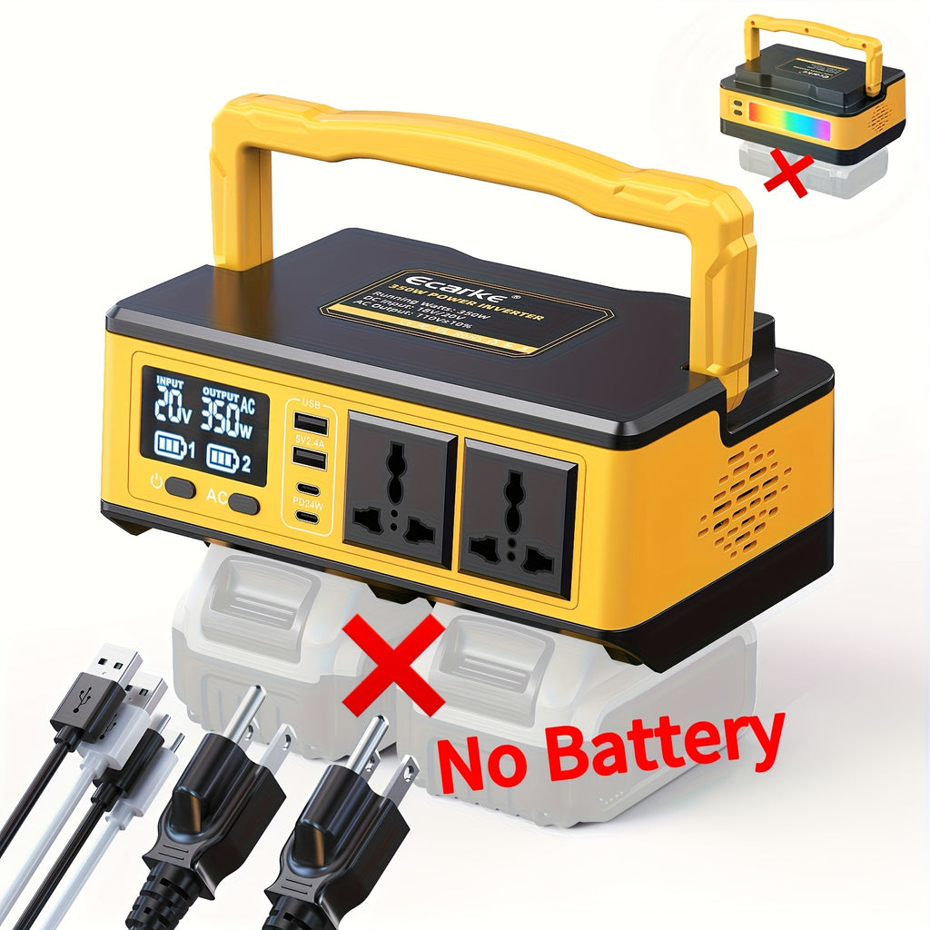 Ecarke 350W Power Inverter (Compatible with Dewalt 20V Batteries, Battery Not Included) - Ecarke Portable, 2AC+2USB-A+2USB-C Ports, 500LM LED (SOS) And RGB Light, DC 20V to AC 110V