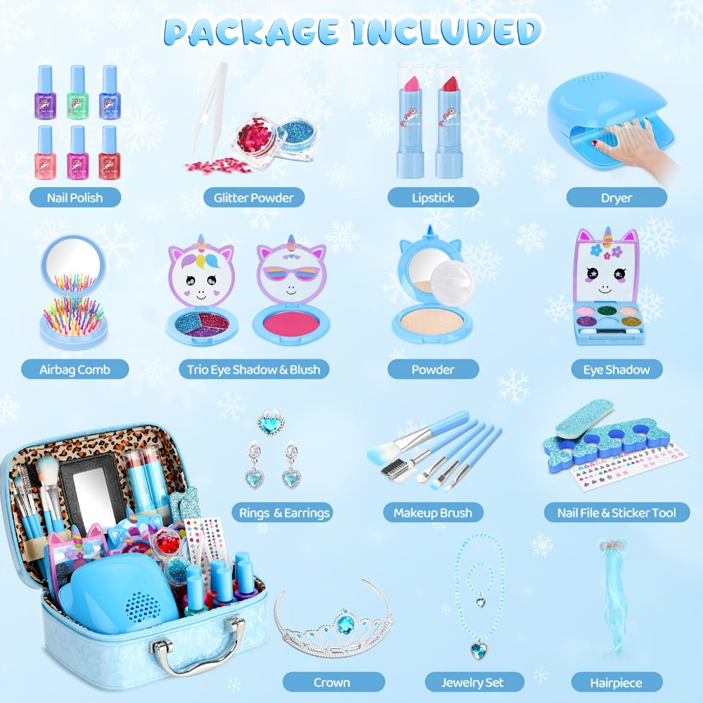 Kids Makeup Set for Girls – 2-in-1 Princess Makeup & Nail Art Kit, Washable Non-Toxic Pretend Play Cosmetics with Nail Polish, Eyeshadow, Lipstick & Accessories, Birthday Gift for Girls Ages 3+