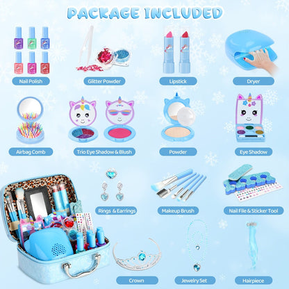 Kids Makeup Set for Girls – 2-in-1 Princess Makeup & Nail Art Kit, Washable Non-Toxic Pretend Play Cosmetics with Nail Polish, Eyeshadow, Lipstick & Accessories, Birthday Gift for Girls Ages 3+