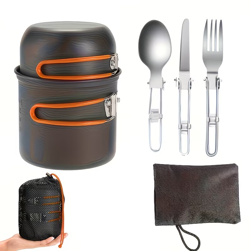 Portable Camping Cookware Set with Double Pot & Utensils - Lightweight Open Fire Cooking Kit with Forks Knives Spoons, Compact Space-Saving Iron Cookware for Outdoor Camping Picnic Travel Adventures