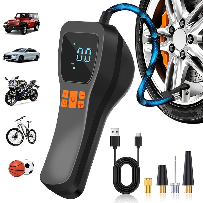 Portable Cordless Tire Inflator with Digital Gauge & LED Light – USB Rechargeable Fast Air Compressor for Car, Bike, Motorcycle & Sports Equipment, Emergency Tire Pump with Auto Shutoff