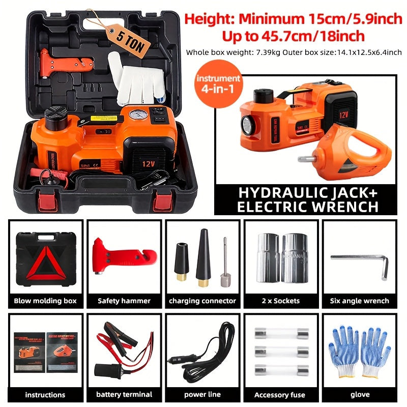 Electric Car Jack | 5 Ton/11023 LBS | Hydraulic Jack Lift with Electric Impact Wrench, Built-in Inflatable Pump, And LED Light | for SUV MPV Sedan Truck | Garage Repair