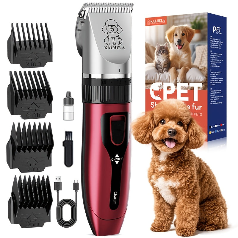 Pet Grooming Clippers Rechargeable with LED Display - Cordless Electric Dog Cat Hair Clipper, Detachable Blades 4 Guide Combs Low Noise, Professional Wireless Pet Trimmer with Accessories, Red