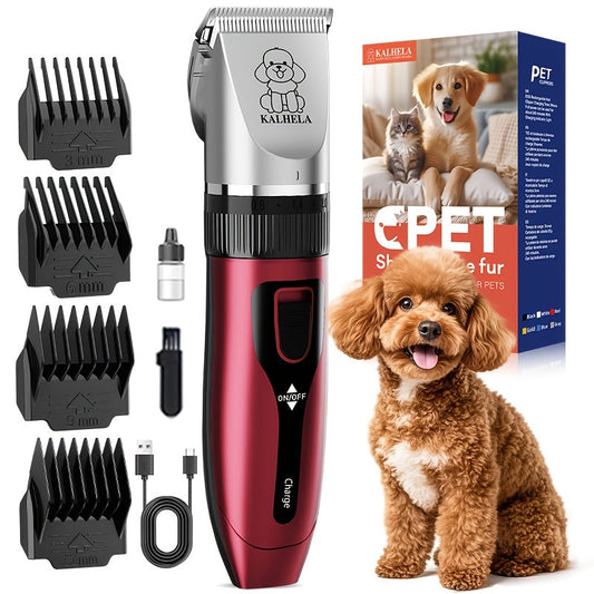 Pet Grooming Clippers Rechargeable with LED Display - Cordless Electric Dog Cat Hair Clipper, Detachable Blades 4 Guide Combs Low Noise, Professional Wireless Pet Trimmer with Accessories, Red