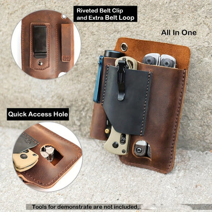 Multitool Belt Holster with Belt Clip & Loop, EDC Everyday Carry Organizer Sheath for Multi-Tools, Flashlight & Pen Holder, 4x5.5x1 Inch, Fits Leatherman Gerber & Most Multitools, Black & Brown