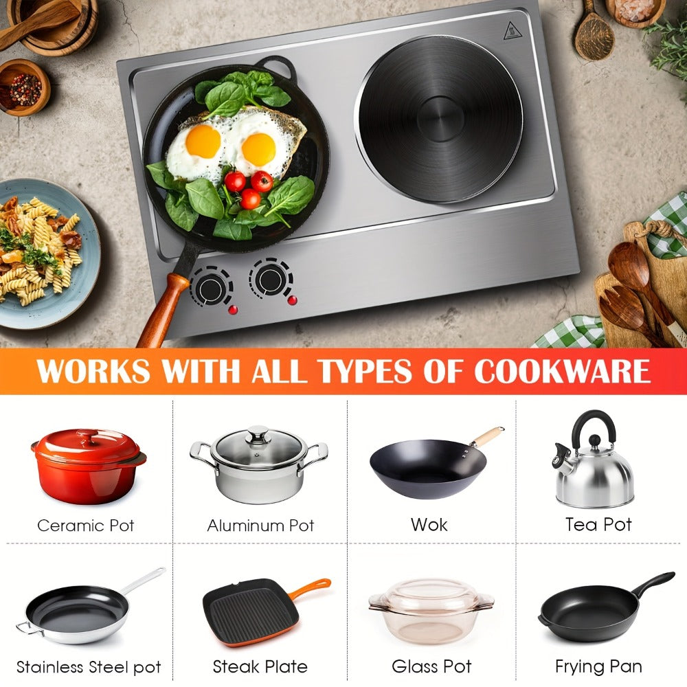 Hot Plate Electric Burner with Temperature Control – Dual Size Coil Burners 7.4in & 6.1in, Countertop Electric Stove for Daily Cooking, Dorm, Office & Travel, Multiple Colors Available
