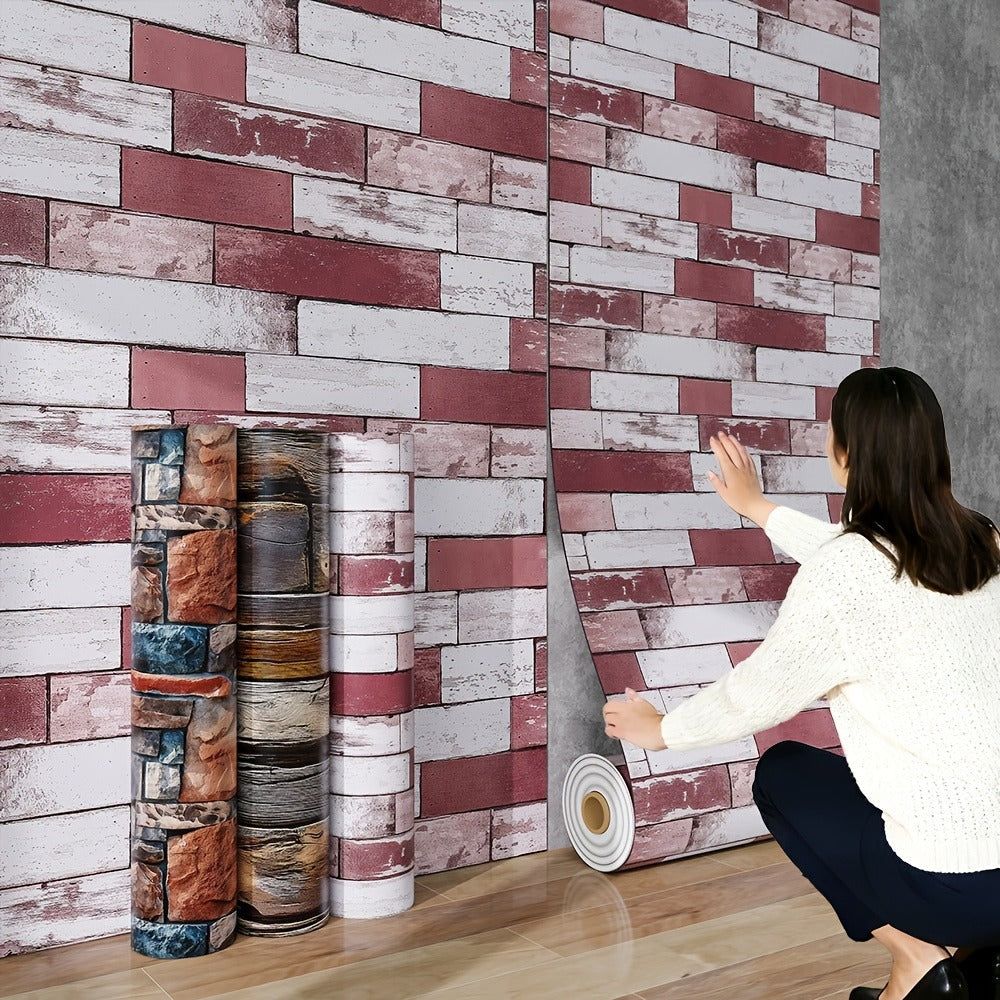 3D Brick Foam Wallpaper Self Adhesive Peel and Stick Wall Panels Waterproof PVC Rustic Brick Pattern Home Bathroom Kitchen Wall Decor Blue Brown Red 17.5in Wide
