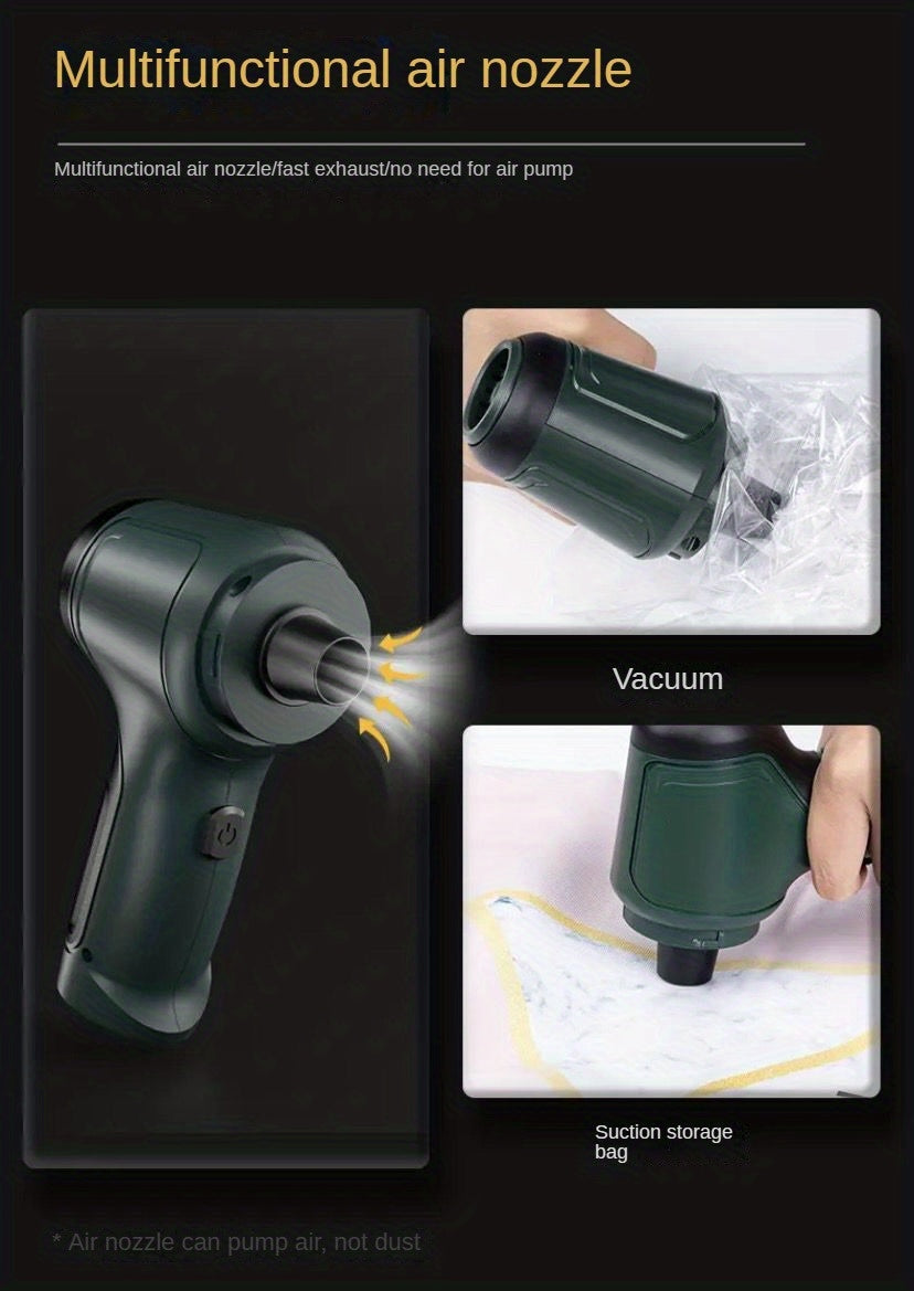 A Three In One Wireless Vacuum Cleaner with A High Power, Which Can Be Used for Suction, Air Extraction, And Blowing, Both In The Car And At Home. It Has An Extended Battery Life, Can Absorb Dust, Debris, Pet Hair, Air Extraction, And Dust Blowing