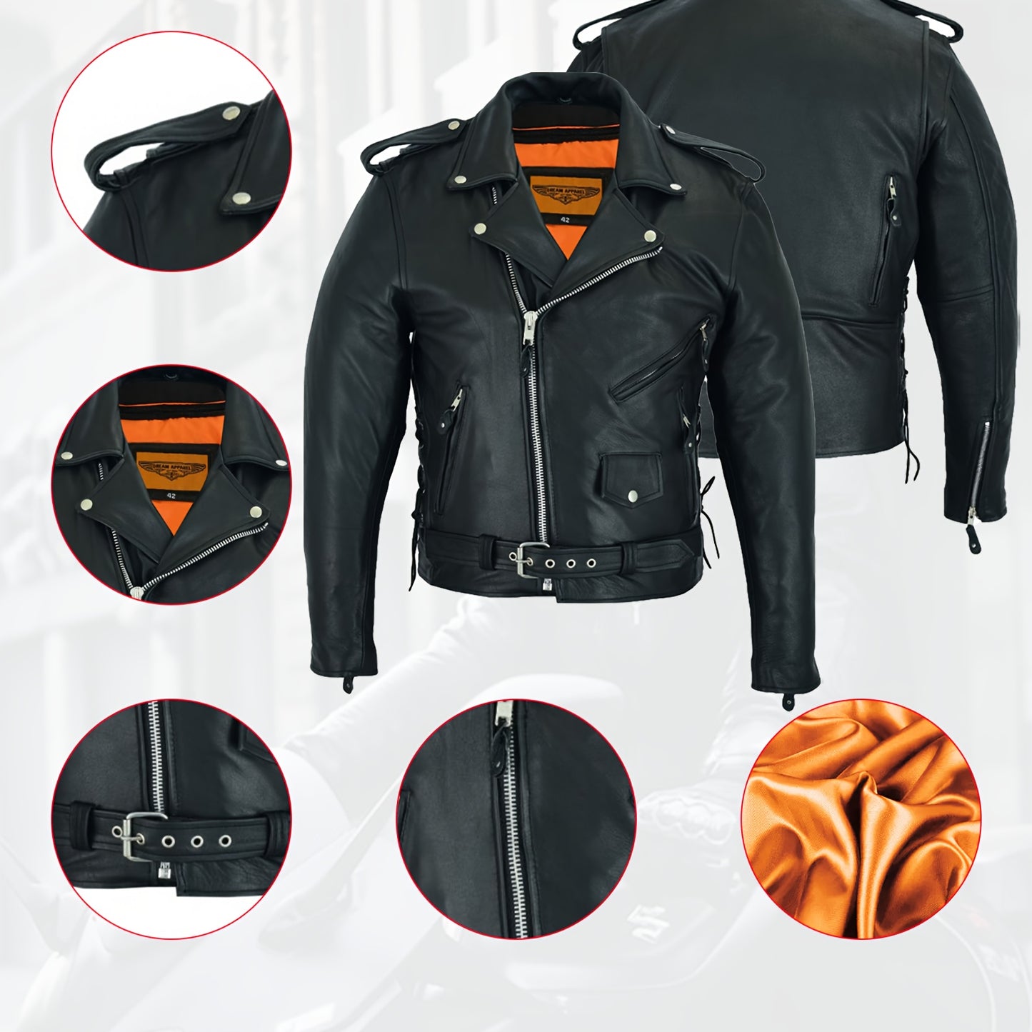 [Heavy Duty Leather Jacket] Black Heavy Duty Cowhide Leather Motorcycle Jacket for Men | Classic Jacket with Multiple Pockets, Adjustable Laces