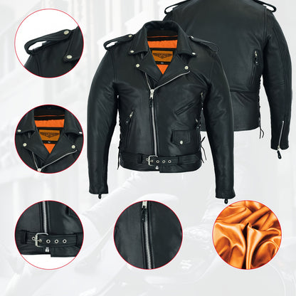 [Heavy Duty Leather Jacket] Black Heavy Duty Cowhide Leather Motorcycle Jacket for Men | Classic Jacket with Multiple Pockets, Adjustable Laces