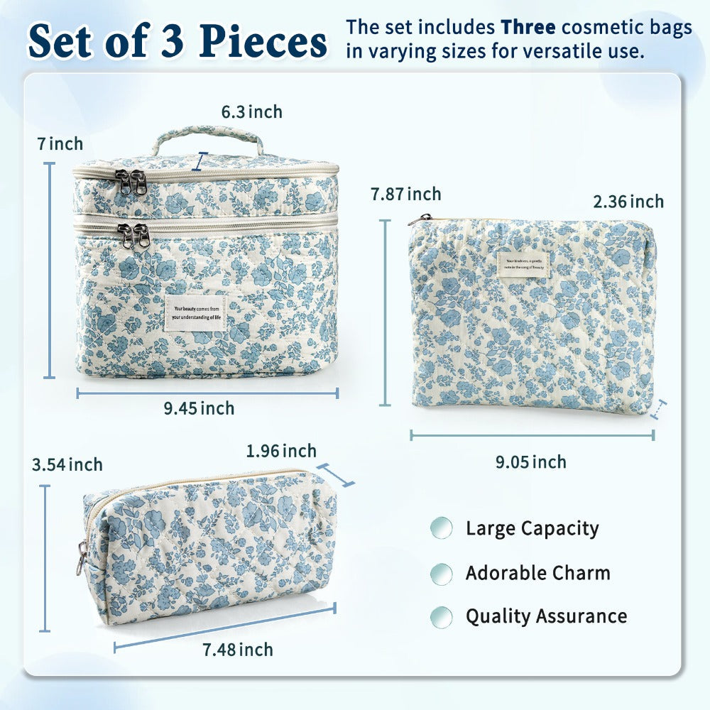 Quilted Floral Makeup Bag Set 3PCS Large Capacity Dual Layer Cotton Cosmetic Bags Coquette Aesthetic Travel Toiletry Organizer Gift for Women Girls Blue Rose Pink