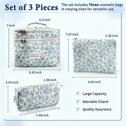 Quilted Floral Makeup Bag Set 3PCS Large Capacity Dual Layer Cotton Cosmetic Bags Coquette Aesthetic Travel Toiletry Organizer Gift for Women Girls Blue Rose Pink
