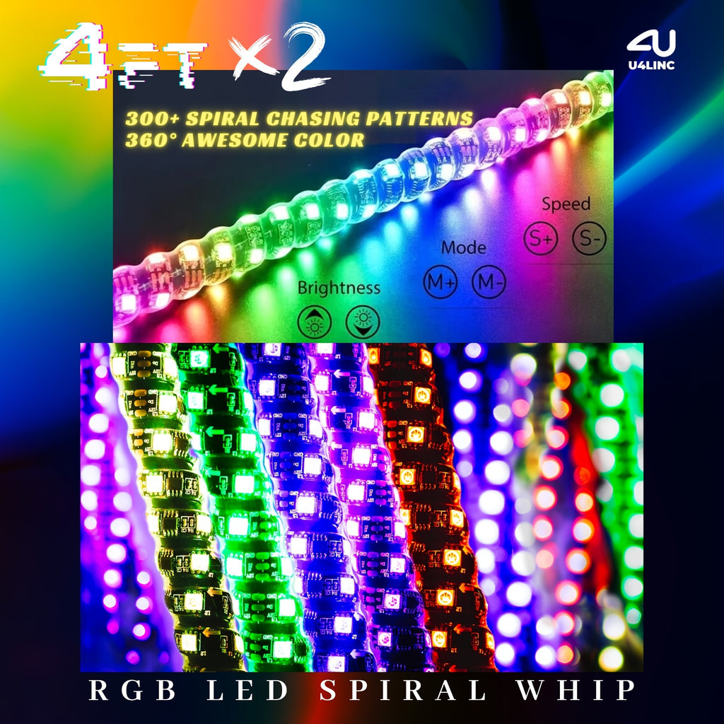 1 Pair (2pcs) 1ft/2ft/3ft/4ft Brighter RGB LED Whip Lights Flag Pole Remote And APP Control Color Changing Lamp Spiral RGB Music Chasing/Dancing Neon Light Whips for UTV ATV RZR SXS Side By Side Dune Buggy Offroad Truck (w/o Spring Base)