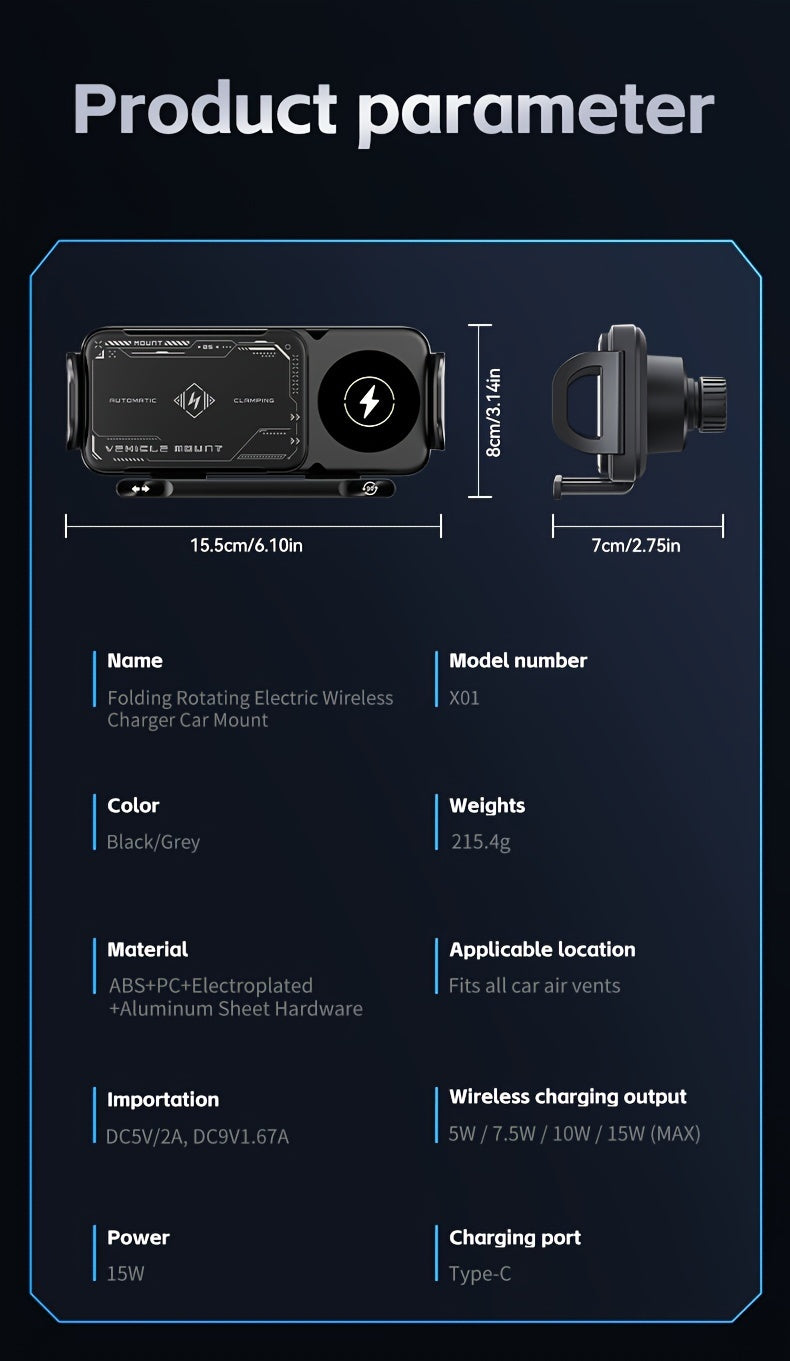 2025 New Car Holder Folding Screen Mobile Phone/tablet Holder 15W Wireless Fast Charging Two-in-one Automatic Rotating Magnetic Mobile Phone Holder Car Air Outlet Holder Suitable for Folding Screen Hands Samsung Galaxy ZFold6/5/4/3 Galaxy ZFold/notes