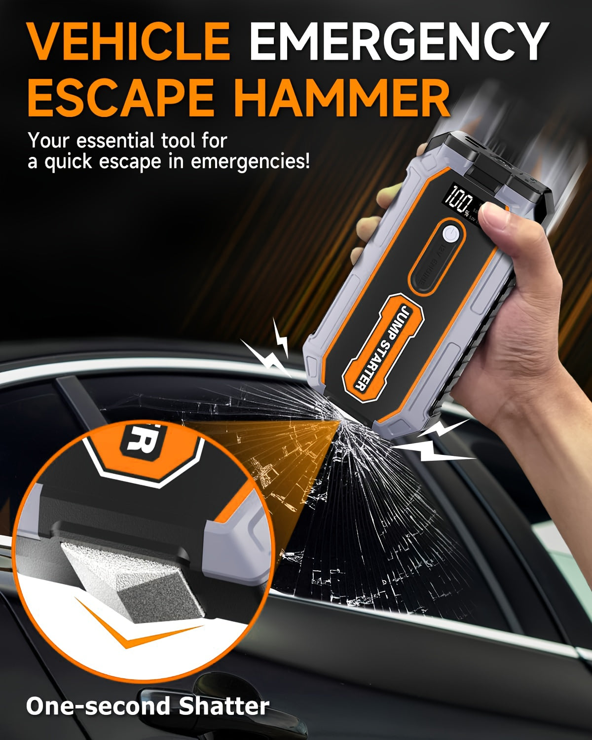 Powerful Car Battery Jump Starter with a Peak of 6500A, Suitable for 2.64gal Gasoline And 2.11gal Diesel Engines, Equipped with Safety Features Such As a Flashlight And Emergency Hammer