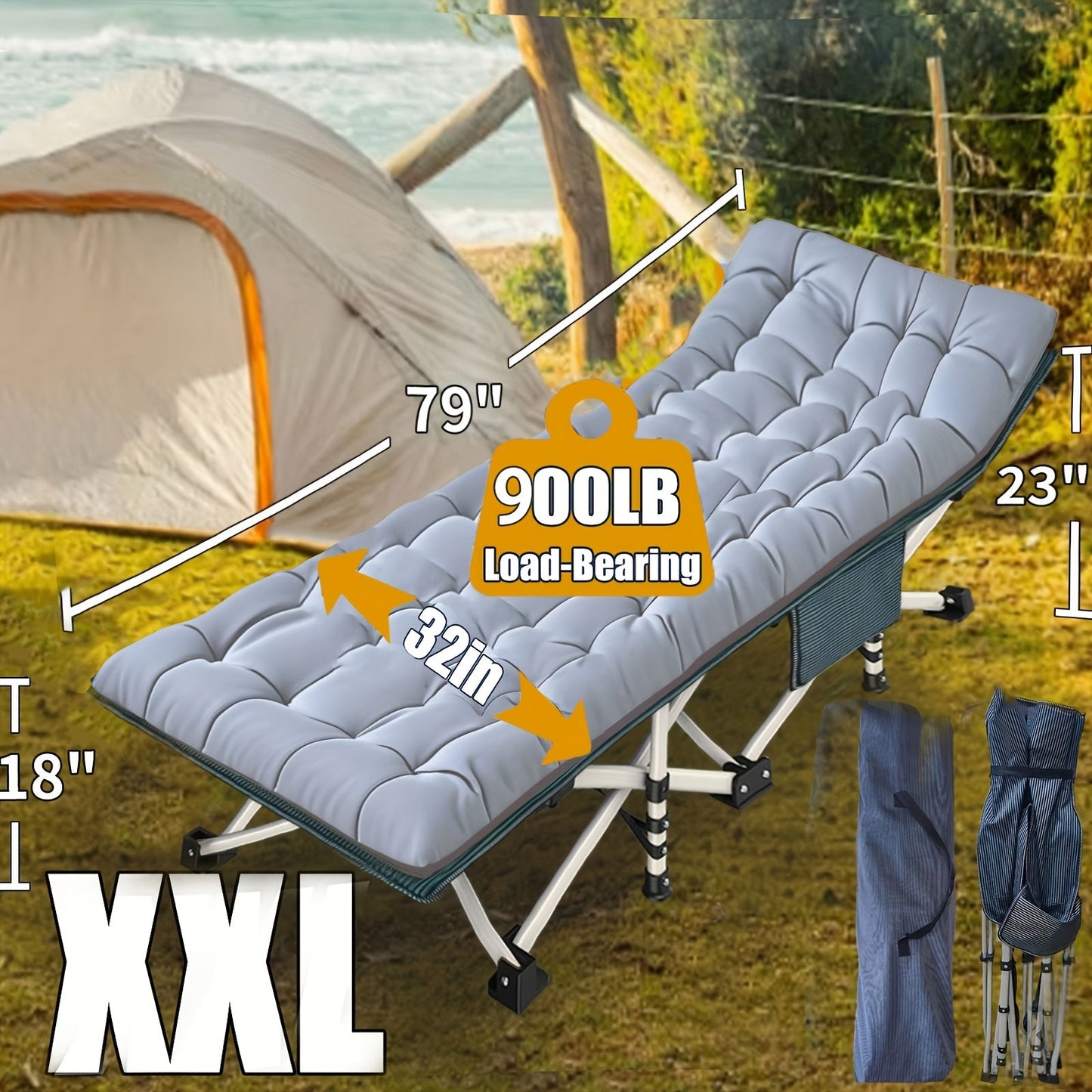 XXL Folding Camping Cot with Mattress - Extra Wide 27" & 32" Heavy Duty Sleeping Cot for Adults, 1200D Oxford Portable Camp Bed with Carry Bag | Outdoor Hiking Backpacking Guest Bed
