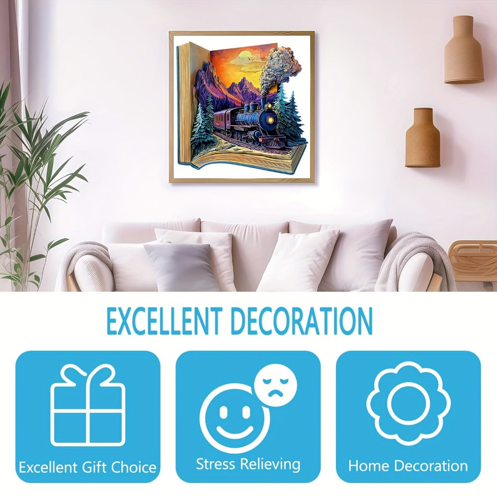 Wooden Jigsaw Puzzle for Adults Galloping Train – 3D Vision Effect Unique Shape Pieces, Book-Style Display, Mountain Sunset Art, Unique Birthday Christmas Holiday Gift for Train Lovers & Puzzle Enthusiasts (S & L Sizes)