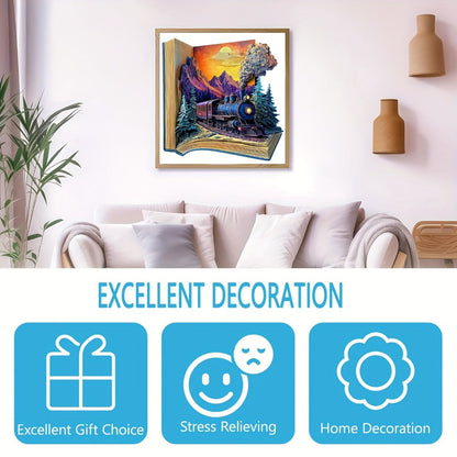 Wooden Jigsaw Puzzle for Adults Galloping Train – 3D Vision Effect Unique Shape Pieces, Book-Style Display, Mountain Sunset Art, Unique Birthday Christmas Holiday Gift for Train Lovers & Puzzle Enthusiasts (S & L Sizes)