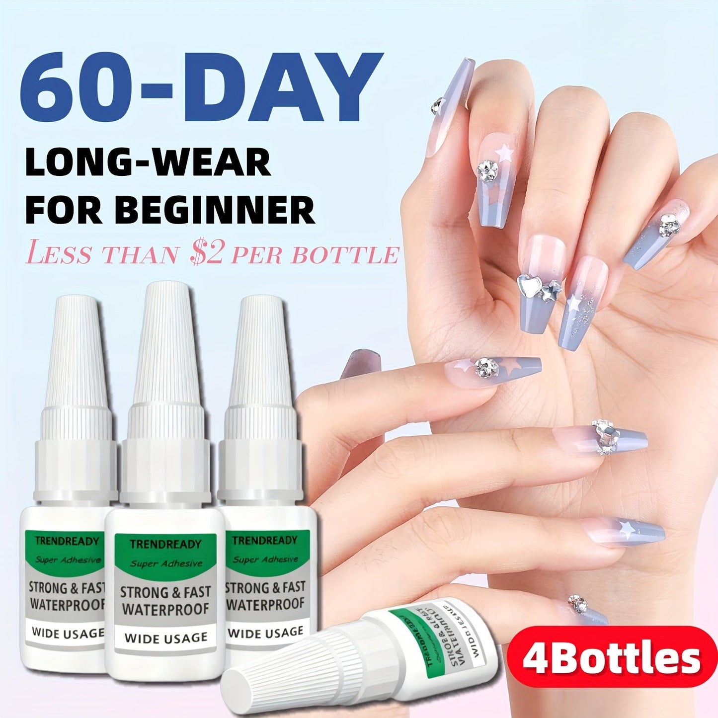 60+ Day Hold Nail Glue 4 Bottles 20g Each Super Strong Extra Hold Fast Drying No Lamp Needed Heavy Duty Adhesive for Press On Nails Fake Nails Acrylic Tips Nail Art Salon Home Use