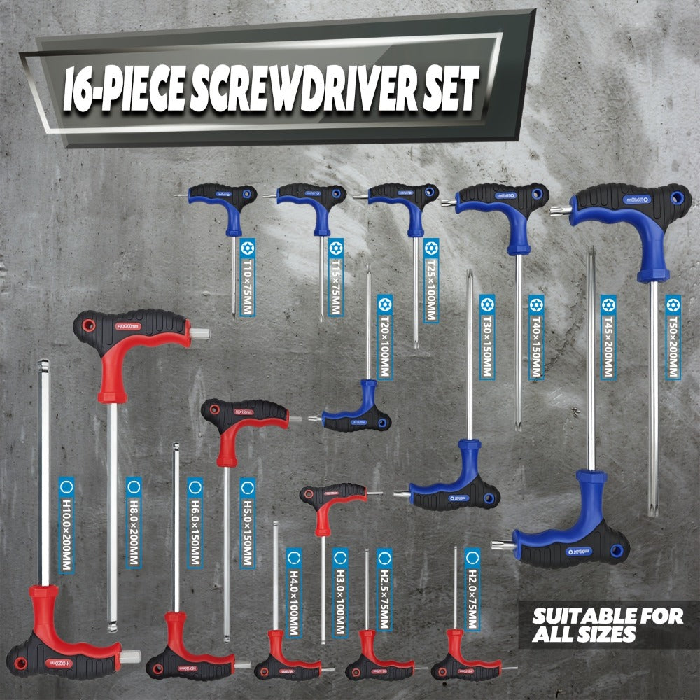 Hex Wrench Set 16-Piece T-Handle | Long Ball End & Star Hex Allen Keys, Chrome Vanadium Steel, Color-Coded, 1.5-10mm T10-T50 1/16-3/8, Bicycle & Mechanic Tool Kit