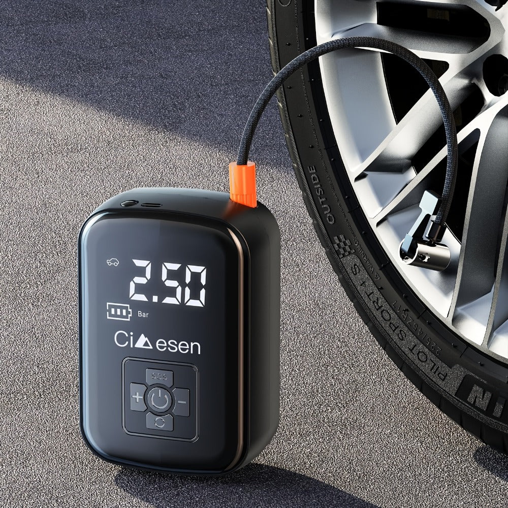 Portable Tire Inflator Air Compressor 150PSI 100W Cordless 4000mAh Digital Display 5 Modes USB-C Fast Charge for Car Motorcycle Bicycle Ball Auto Shut-Off Yellow Blue Black Silver