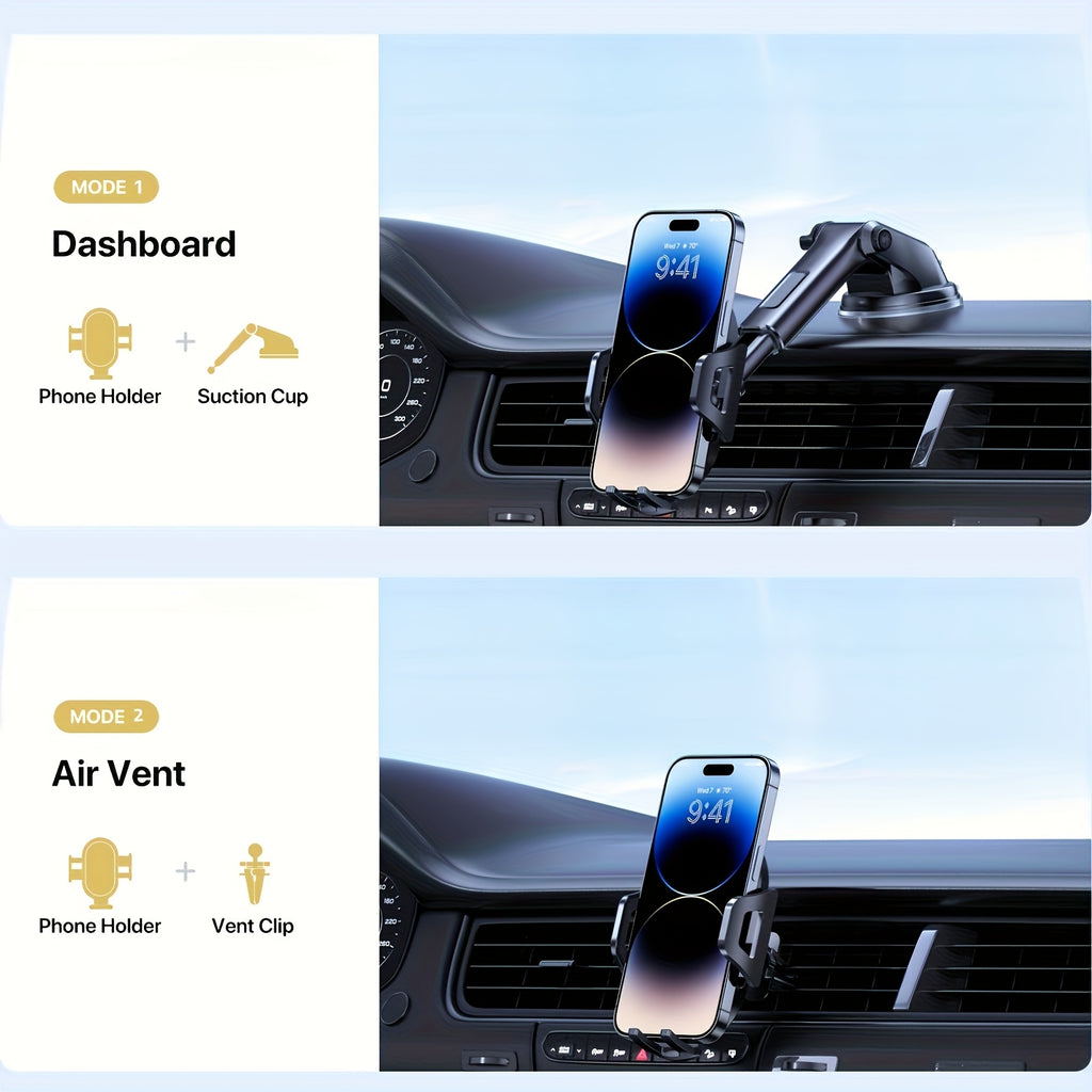 3-in-1 Car Phone Holder for Air Vent & Dashboard - Adjustable Hands-Free Mount for iPhone Samsung Google Pixel & 4"-7.2" Phones, Sturdy Suction Cup with Ergonomic Grip, Black - Perfect Car Accessory Gift, Modern Design | Textured Grip Surface, Cell Phone