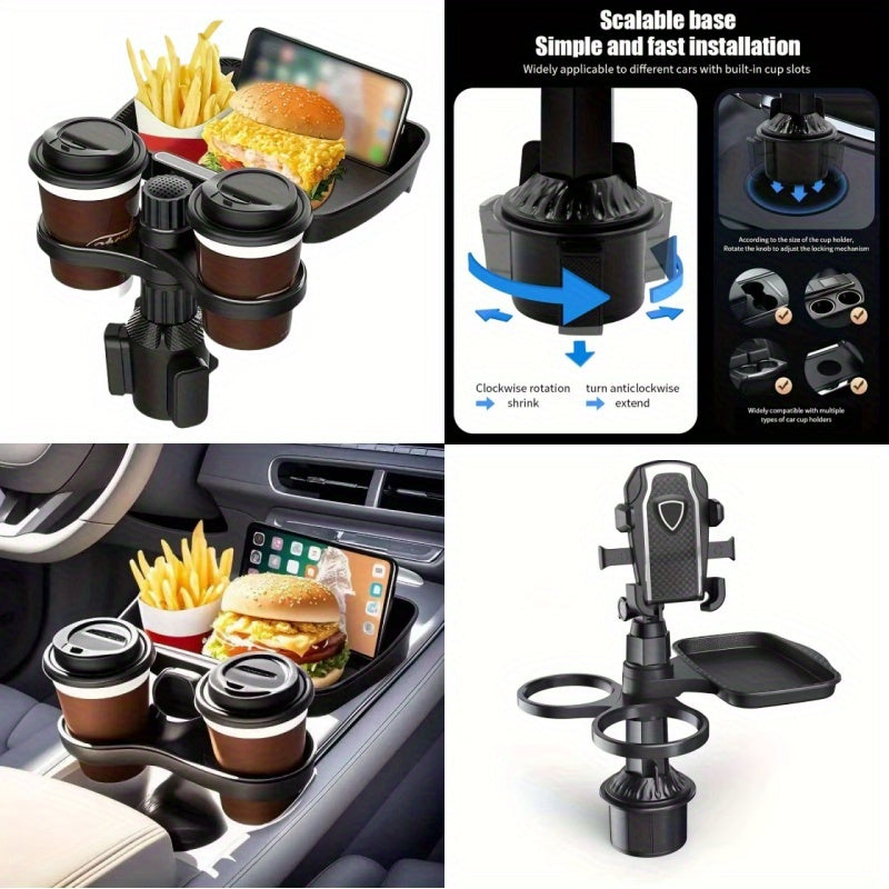 3-in-1 multifunctional  cup holder extender with detachable tray,  cup holder tray, and  dining table, used for eating and  cup holder rotating tray, with adjustable base for dual cup holders