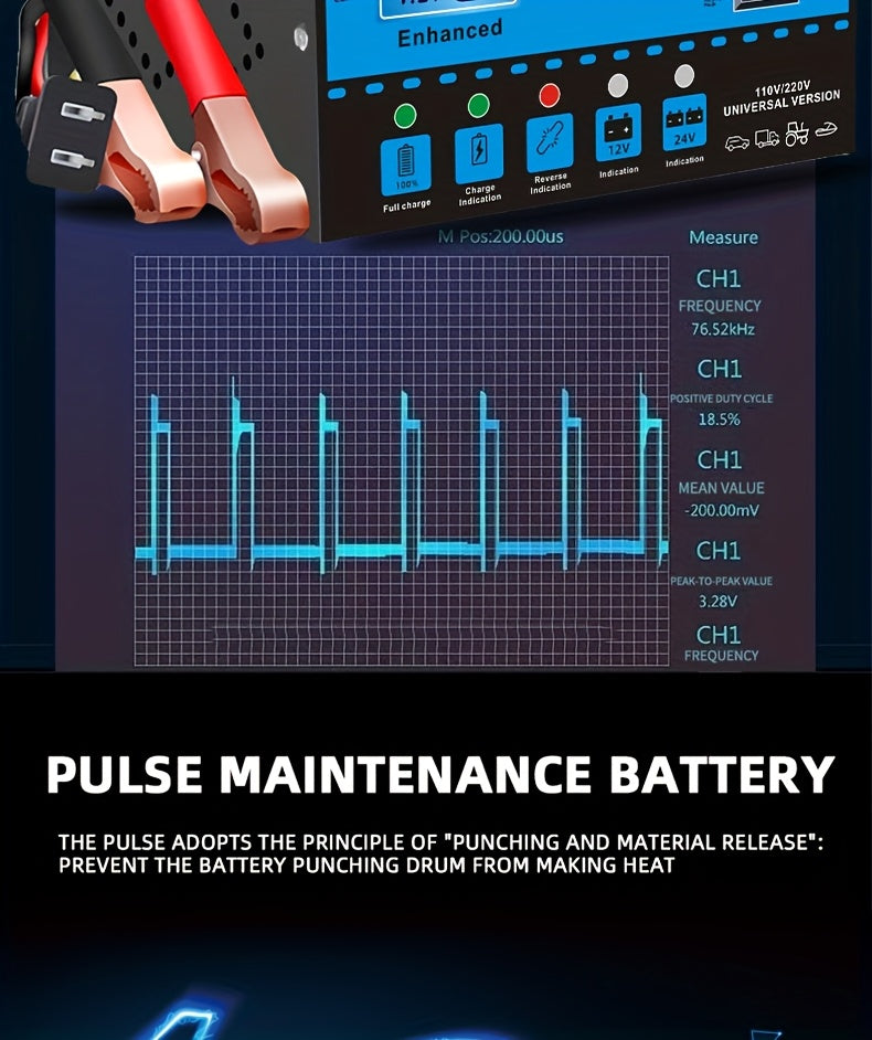 12V And 24V Intelligent Universal Battery Charger Inverter, with LCD Display Intelligent Maintenance Overcharge And Short Circuit Protection, Suitable for Intelligent Trickle Charging Maintenance of Various Cars, Yachts, And Batteries