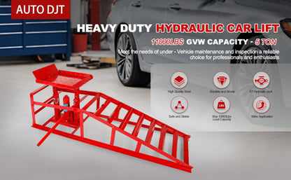 Hydraulic Vehicle Ramps 11,000 lb 5T Low Profile Heavy Duty Lift Service Ramps for Truck Trailer Garage – Adjustable Height, 1 Pack & 2 Pack, Red & Black