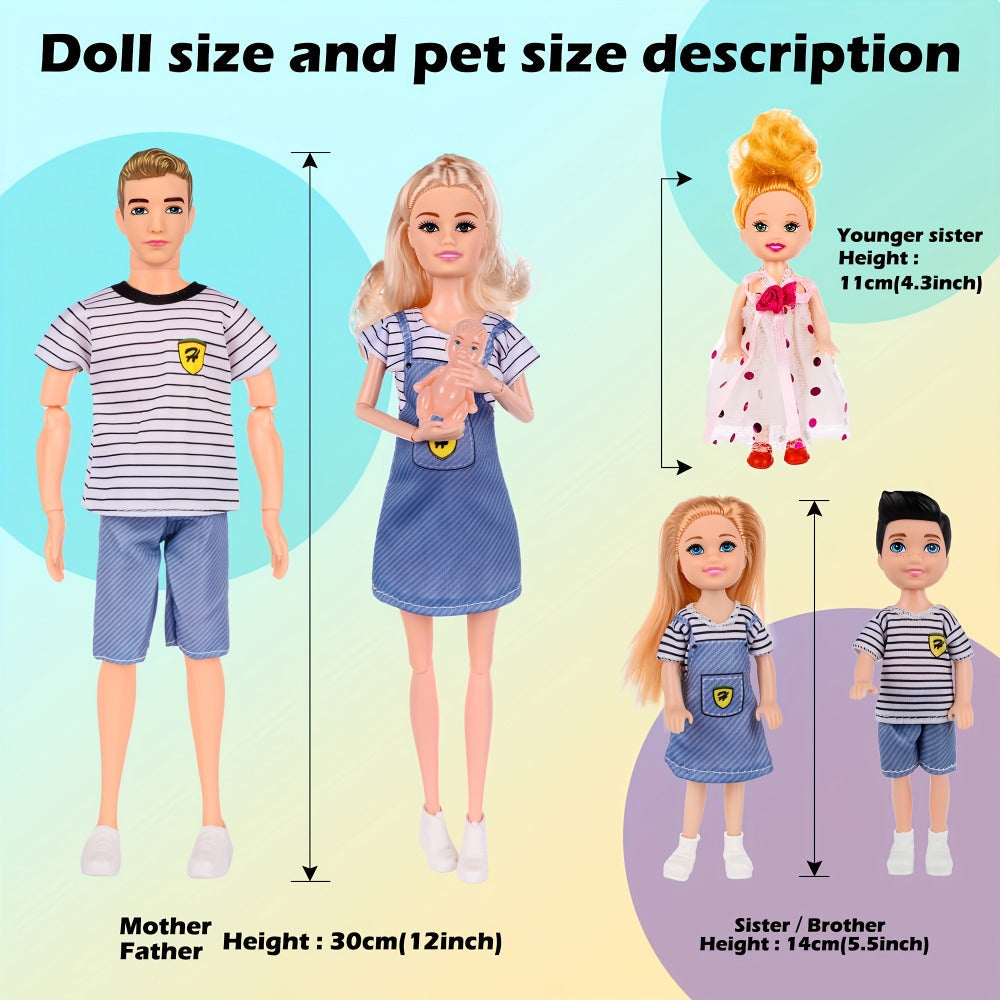 Family Doll Set with Pets & Accessories – 6 Poseable Collectible Dolls with Puppies, Handcart & Changeable Clothes, Pretend Play Family Figures, Holiday & Birthday Gift for Kids Ages 3+