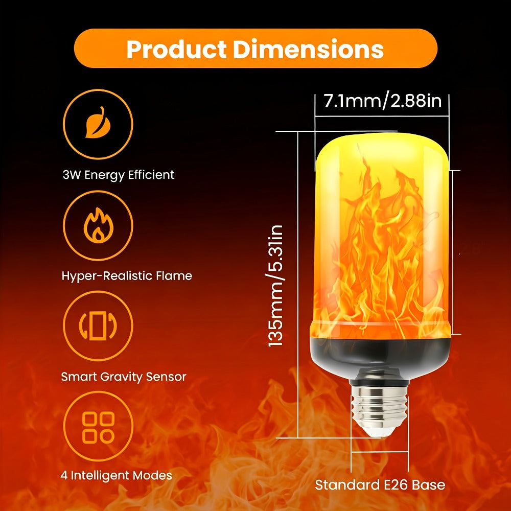 Flame Effect Light Bulb E26 Gravity Flicker 51 LEDs 3W with 4 Modes – Fire Effect Flickering Bulb for Christmas Halloween Indoor Fireplace Decor Atmosphere Lighting, Yellow, 2-Pack