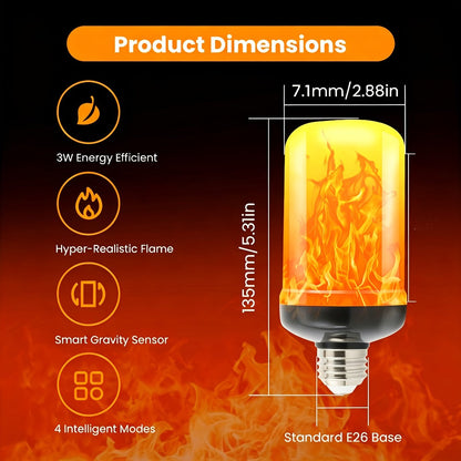Flame Effect Light Bulb E26 Gravity Flicker 51 LEDs 3W with 4 Modes – Fire Effect Flickering Bulb for Christmas Halloween Indoor Fireplace Decor Atmosphere Lighting, Yellow, 2-Pack