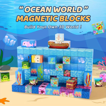 Ocean Adventure Magnetic Building Blocks 54/100pcs – STEM 3D Sea Theme Magnet Tiles Set Vibrant Colors Imagination Hand-Eye Coordination Toy for Kids Ages 3+, Best Birthday Christmas Gift