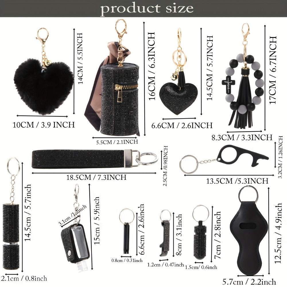 Rhinestone Keychain Set for Women 13-Piece – Safety Gadgets with Window Breaker Whistle Hand Sanitizer Holder Perfume Bottle Beaded Bracelet PU Tassel, Holiday Birthday Gift Box