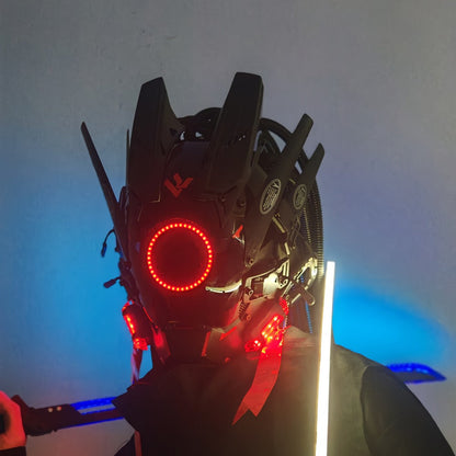 LED Cyberpunk Samurai Mask with Braids – Futuristic Sci-Fi Mechanical Face Mask for Halloween, Cosplay, Music Festival & Rave Party, Blue Green Pink, Free Helmet Included, Adult Gift